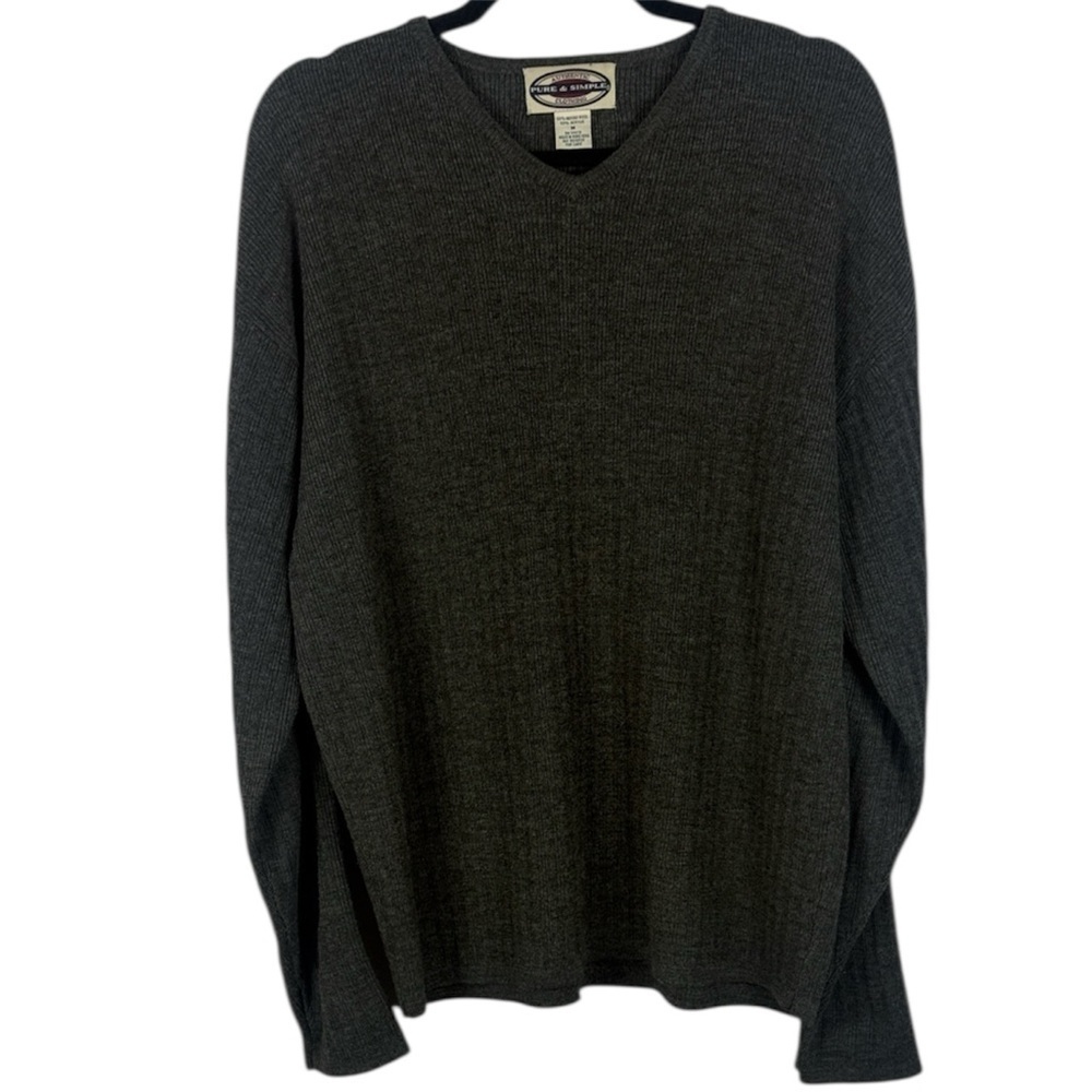 Pure & Simple Men's Merino Wool Blend Charcoal V-Neck Long Sleeve Med Sweater